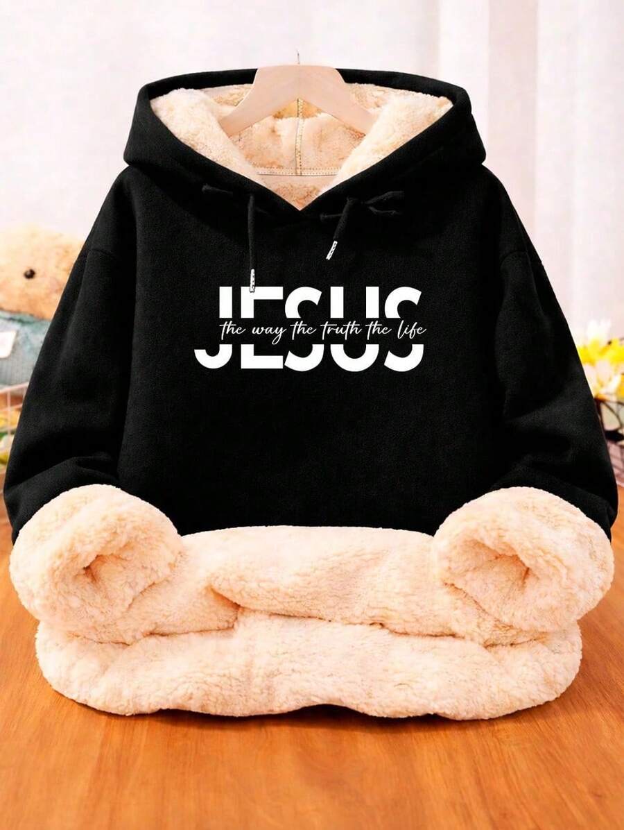 Women's Kangaroo Hoodie Sweatshirt With Plush Lining "Jesus The Way" Super Warm Winter Imported - 黑色 - 查看 1