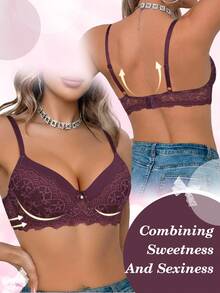 Women's Lace Padded Push-Up Bra - Comfortable Support And Lift - Redwood - View 3