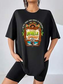 The Graphic Depicts An Epic Jungle Journey From Genesis To Revelation, Featuring A Ship Symbolizing Adventure And Faith Opening A Book Representing Spiritual Wisdom. Comfortable Women's T-Shirt For Everyday Wear - 黑色 - 查看 6