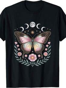 Camiseta con diseño de mariposa celestial, fases lunares y flores - Negro - Ver 1