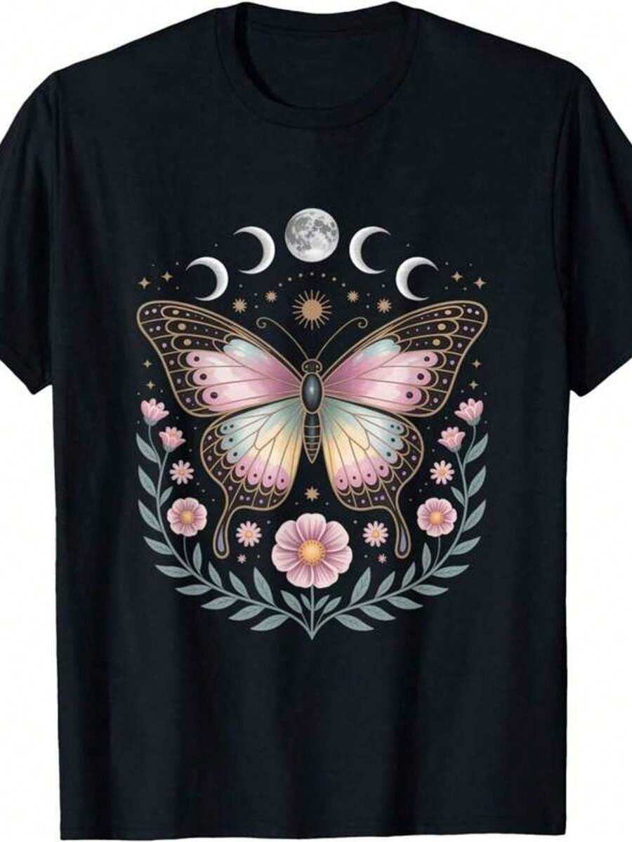 Camiseta con diseño de mariposa celestial, fases lunares y flores - Negro - Ver 1