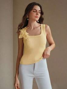Camiseta de punto de costilla con bordado, de ajuste ceñido, de moda - amarillo ganso - Ver 3