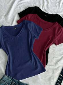 3 piezas Camisetas ajustadas de cuello en V de verano para mujer, camisetas básicas de manga corta de ajuste ceñido de unicolor con estampado de anime de la subcultura punk - Multicolor 2 - Ver 4