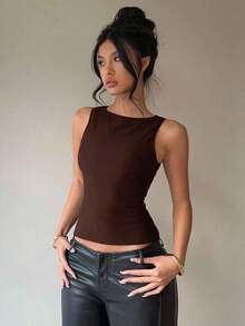 Blusa sin mangas con cuello redondo y lazo en la espalda, para uso casual y de oficina - Marrón 2 - Ver 7