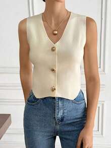 Chaleco elegante de mujer de unicolor con cuello en V sin mangas, decorado con botones metálicos, para verano, playa, vacaciones, estilo boho, tropical, casual, de oficina, de salida elegante, para la escuela y vacaciones, color albaricoque - Albaricoque - Ver 6