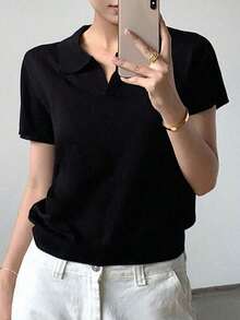 Suéter de mujer con cuello y mangas cortas a rayas para otoño - Negro - Ver 3