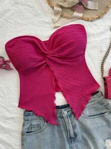 Nuevo estilo de top tubo de punto estampado rosa con dobladillo retorcido asimétrico y espalda descubierta para playa, resort, festival de música y verano bohemio para mujeres - Rosa Fucsia - Ver 6