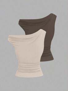 Set de 2 camisetas ajustadas con cuello asimétrico, versátil top casual, primavera/verano - Multicolor - Ver 2