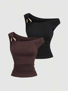Set de 2 camisetas ajustadas con cuello asimétrico, versátil top casual, primavera/verano - Multicolor 7 - Ver 8