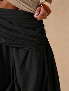 Pantalones sueltos y plisados de unicolor para uso diario de mujer - Negro - Ver 3