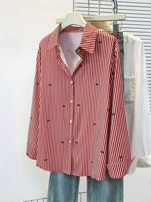 Camisa de manga larga con estampado a rayas y lazo, con botones delanteros, cuello de camisa, top casual, adecuado para primavera, otoño e invierno en color rosa - Rojo - Ver 4
