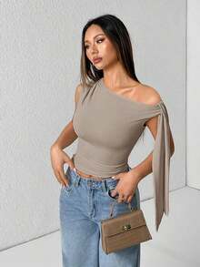 Camiseta de tirantes de unicolor informal con cuello de halter y lazada para el verano - Gris Claro - Ver 1