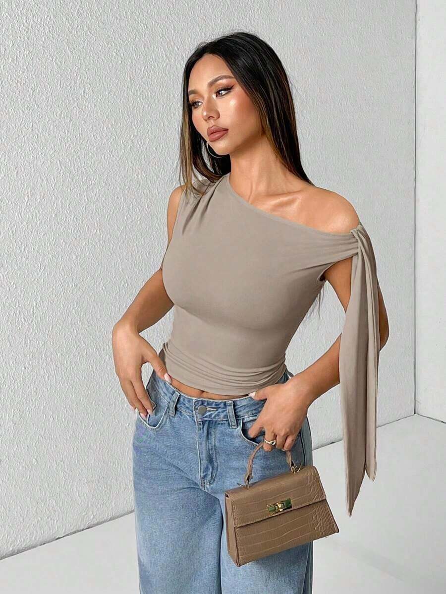 Camiseta de tirantes de unicolor informal con cuello de halter y lazada para el verano - Gris Claro - Ver 1