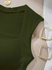 Camiseta ajustada con cuello cuadrado acolchado para mujer, primavera/verano - Verde militar - Ver 6