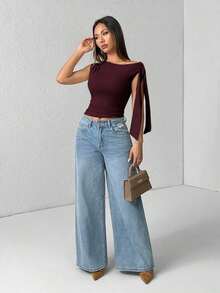 Top de hombro asimétrico con tirantes de atar de unicolor para mujer - Marrón Mocha - Ver 5