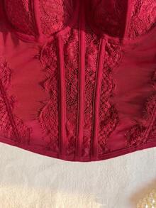 1 pieza Parte superior corta ajustada con adorno de encaje de moda para mujer, top corset de Body ceñido sexy, adecuado para fiesta, viaje, reunión, Navidad, San Valentín, Halloween, verano casual - Burdeos - Ver 10