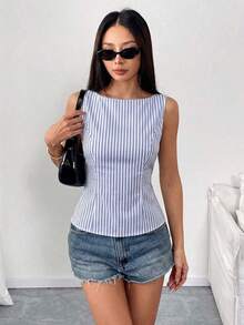 Camisa sin mangas con lazo en la espalda de unicolor, elegante, casual, sexy y minimalista para uso en la oficina y negocios para mujeres, primavera/verano - Azul y blanco - Ver 3