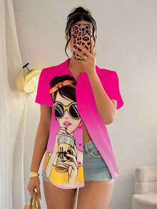 Blusa de mujer con estampado de chica de moda, manga corta y abotonadura, top de manga corta - Multicolor - Ver 7