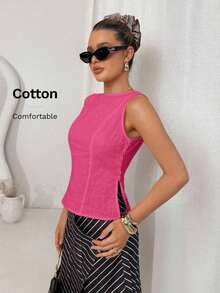 Camisa blanca de lino sin mangas, ajustada, con botones de nudo de bambú, estilo vintage para oficina - Rosa Fucsia - Ver 3