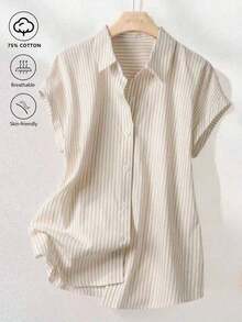 Camisa de manga corta a rayas vintage, de moda para ir al trabajo en verano - Caqui - Ver 8