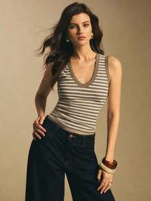 Camiseta de tirantes casual a rayas para mujer, de verano - Camel - Ver 9