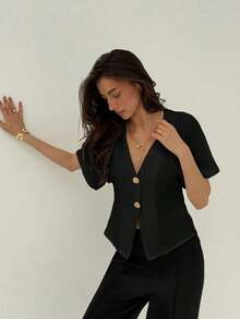 Camisa blanca sólida con mangas de murciélago, doble botonadura y frente abierto elegante - Negro - Ver 7
