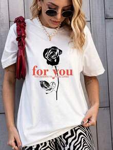 Women's Casual Pink And White Print T-Shirt, Short Sleeve Round Neck Drop Shoulder Top, Relaxed Fit Floral Graphic Tee For Everyday Fashion SEEJ - 白色 - 查看 1
