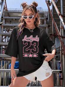 Women's Casual Short Sleeve Round Neck Drop Shoulder Black Knit Graphic T-Shirt With Los Angeles 23 Print HNUI - 黑色 - 查看 9
