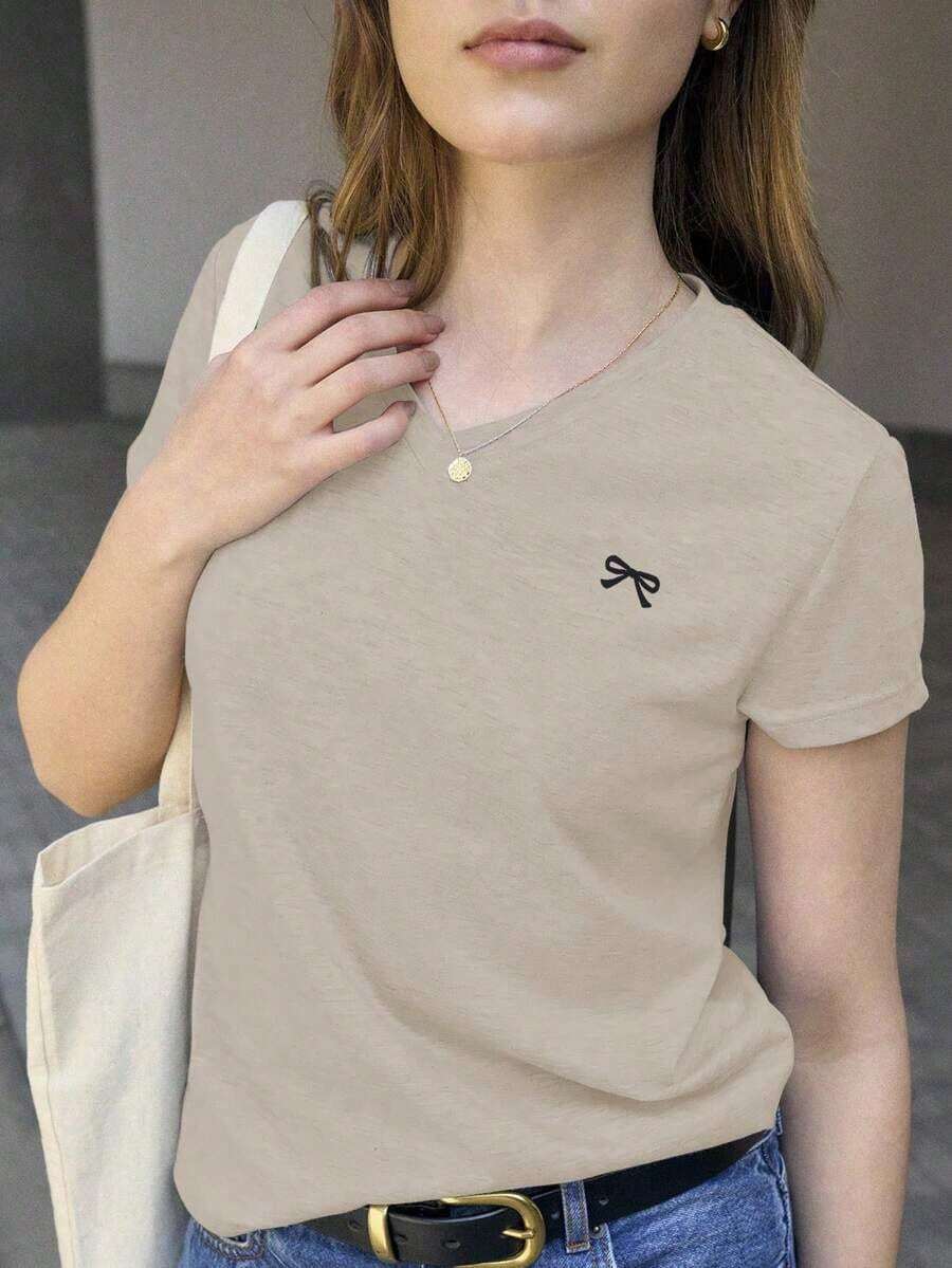 Camiseta de manga corta casual de verano para mujer con estampado de lazo - Caqui - Ver 1