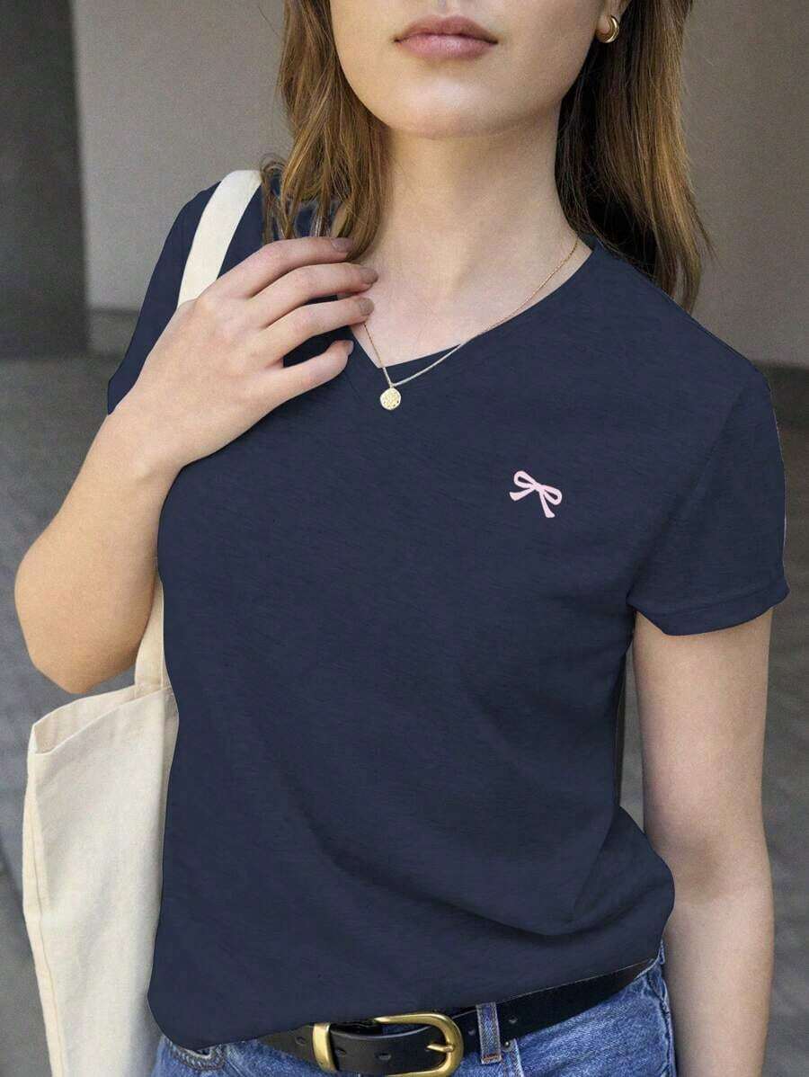 Camiseta de manga corta casual de verano para mujer con estampado de lazo - azul real - Ver 1