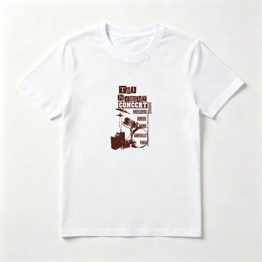 Camiseta Mujer Algodón Estampado Retro Batería Rock - Top Verano Casual - Blanco - Ver 1