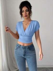 Camiseta casual de mujer con cuello en V y cruce en la cintura - Azul - Ver 4