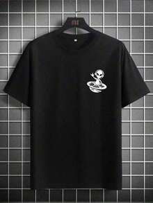 Solt 1pc 1 Piece Unisex Short-Sleeved Crew Neck T-Shirt, Loose Fit, 180g, Designed By Y2K Artists In The Bababask Style, Made Of 100% Cotton. They Are Casual And Versatile, Suitable For Streetwear, Everyday Outings, Camping, Concerts, Pop-Hop Events, Rock And Roll, And Feature Celebrity-Inspired Designs. Perfect For Festivals, Autumn And Year-Round Wear. Alien In Flying Saucer With Peace Symbol. 100% Cotton Graphic - 黑色 - 查看 7