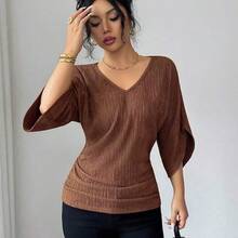 Women's Coffee Brown Textured Fabric V-Neck Loose Waist Ruched Design Elegant Classy Birthday Gift Date Party Teacher's Day Independence Day Double 11 Shopping Festival Back To School Single's Party Holiday Christmas Eve Thanksgiving Halloween Christmas Carnival Diwali New Year Travel Vacation Streetwear - Albaricoque - Ver 7