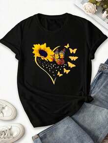 100% Cotton Women's Casual Short Sleeve Crew Neck T-Shirt With Sunflower, Butterfly And Heart Print, Regular Fit - 黑色 - 查看 3