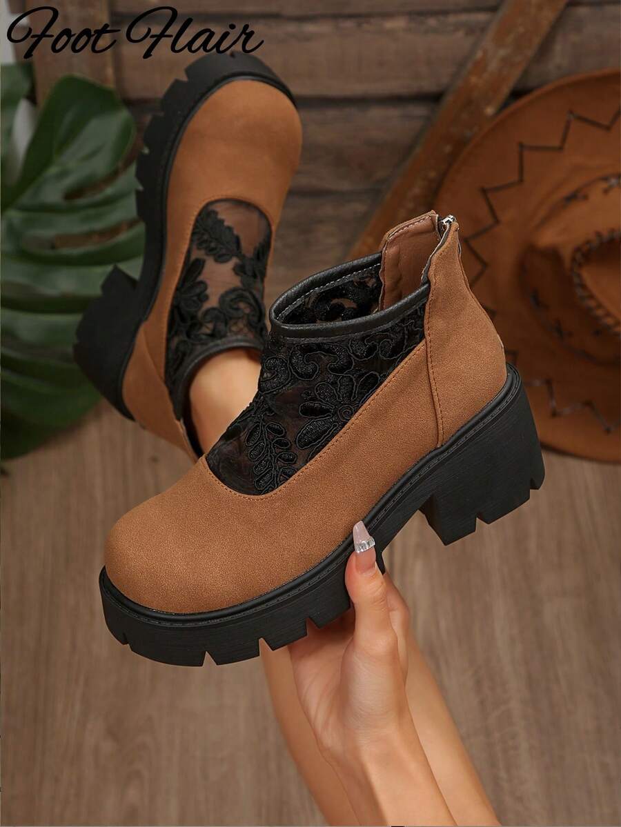 Sepatu Bot Wanita Model Bohemian Berbahan Jala Bernapas dengan Motif Renda, Ujung Bulat, Resleting Belakang, Warna Cokelat Vintage, Cocok untuk Aktivitas Luar Ruangan, Festival, dan Pemakaian Sehari-hari Sepanjang Musim, Modis, Serbaguna, Menambah Tinggi Badan, Motif Acak