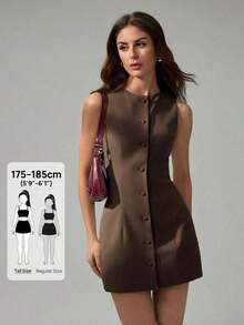 Tall Vestido mini elegante de unicolor con cuello redondo y sin mangas para mujer - Marrón - Ver 8