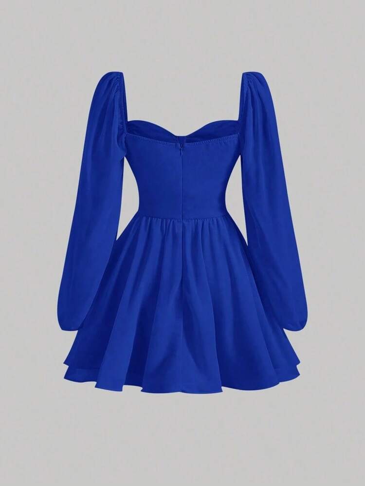 MOD Vestido escote corazón de manga farol pecho con fruncido - azul real - Añade 2