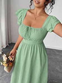 Vestido elegante de talla grande para mujer con cuello cuadrado, mangas con volantes en capas, lazo delantero y trasero, diseño ajustado en la cintura y casual - Verde 2 - Ver 6