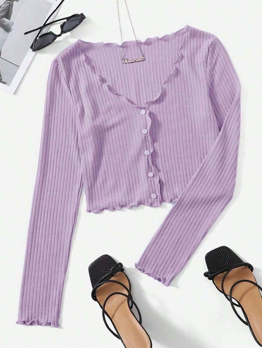 Camiseta De Punto De La Lechuga Con Botones Para Mujer - Lila Púrpura - Ver 1