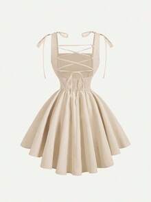 Vestido rosa romántico con espalda descubierta y lazo, adecuado para citas, fiestas, vacaciones, meriendas de té y ocasiones de cumpleaños - Beis - Ver 2