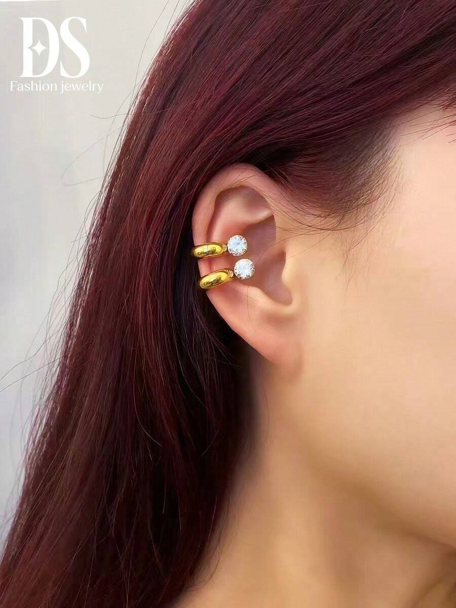 1 Pair Fashionable Gold Earrings, Rhinestone Ear Cuff Clip-On Earrings For Women, Minimalist Luxury Delicate Earrings