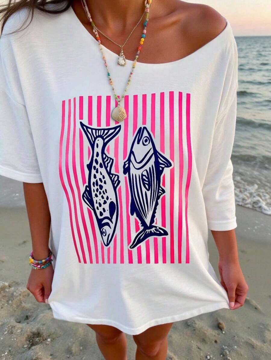 Sundraya Women's Casual Loose Fit Short Sleeve T-Shirt With Floral And Coconut Print, Asymmetrical Neckline, Ideal For Summer Vacation And Leisure - 白色 2 - 查看 1