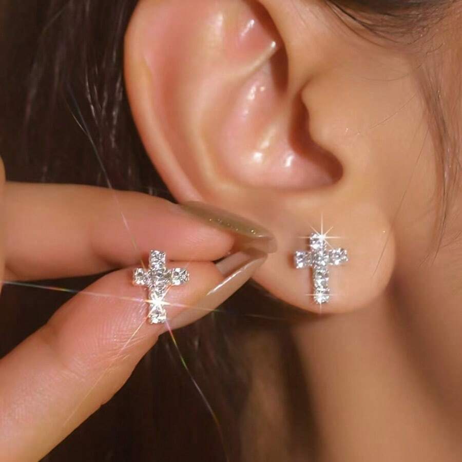 1 Đôi bông tai đính đá lấp lánh dành cho dự tiệc - Bông tai đinh tán cho nữ - Bạc - Xem 1