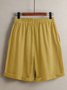 Pantalones de lino minimalistas casuales de unicolor para mujer, talla pequeña - Amarillo - Ver 2