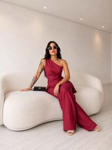 Elegant Asymmetrical Tailored Wide-Leg Pants And Blouse Set - 紅木色 - 查看 3