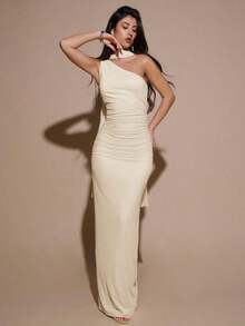Vestido de malla ajustado con drapeado asimétrico, elegante y sexy vestido de gala para fiesta, boda, cumpleaños, Navidad, Halloween - Amarillo claro - Albaricoque - Ver 5