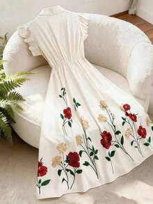 Vestido de manga acampanada de longitud media, de color albaricoque, con estampado floral, cuello de solapa, botones de perlas en la cintura, diseño de manga acampanada, encantador, elegante, dulce, para uso diario, vacaciones, viajes, citas, esti - Multicolor 5 - Ver 2