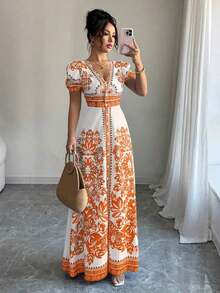 Nuevo diseño de vestido midi elegante con estampado floral posicionado, escote en V, mangas abullonadas y cintura ceñida, en un estilo sofisticado y favorecedor al Body con inspiración del Medio Oriente, en colores azul y blanco tejidos - Naranja - Ver 5