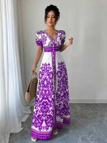 Nuevo vestido corto azul y blanco con mangas abullonadas, escote en V y cinturón, elegante y refinado estilo del Medio Oriente - Morado - Ver 4
